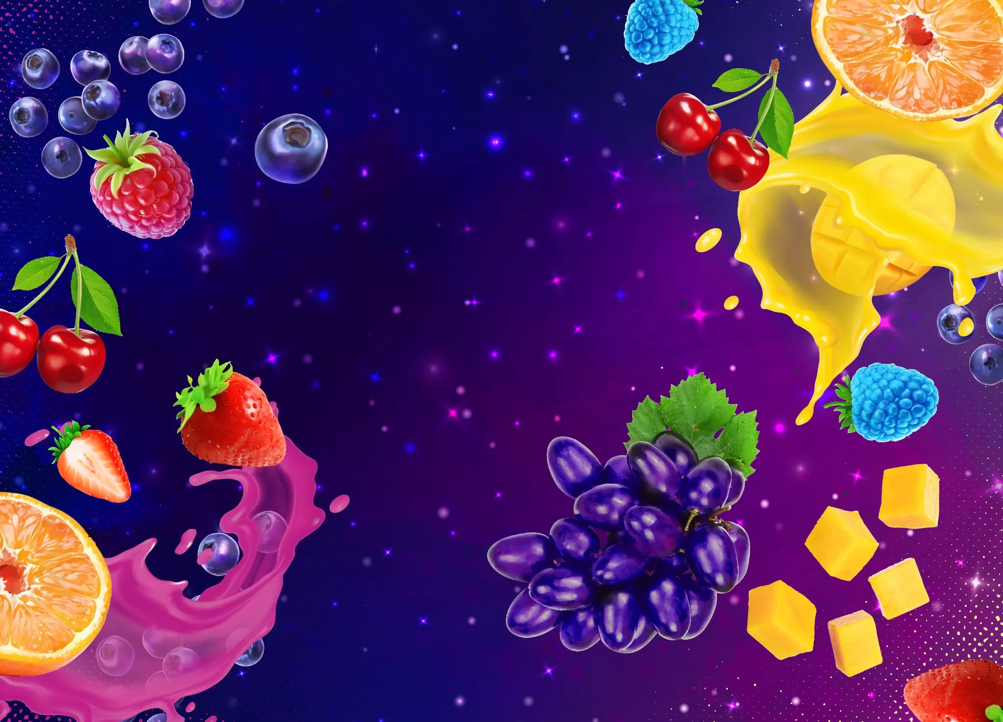 Hellavated: fruit in orbit against a violet starfield